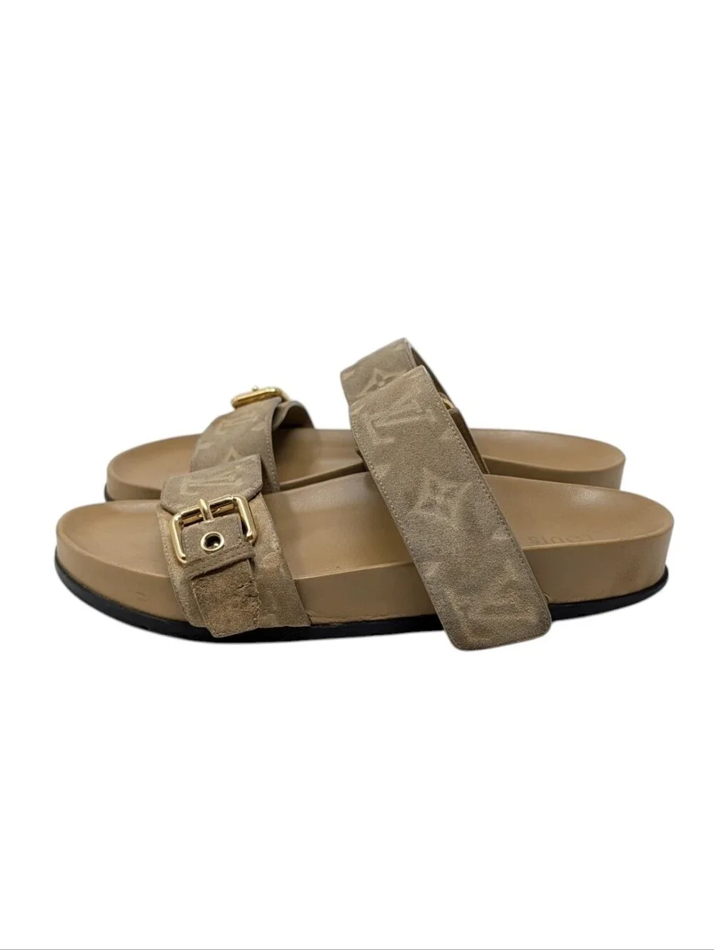 Louis Vuitton Distressed Beige Bom Dia Suede Monogram Sandals Size EU 37.5
